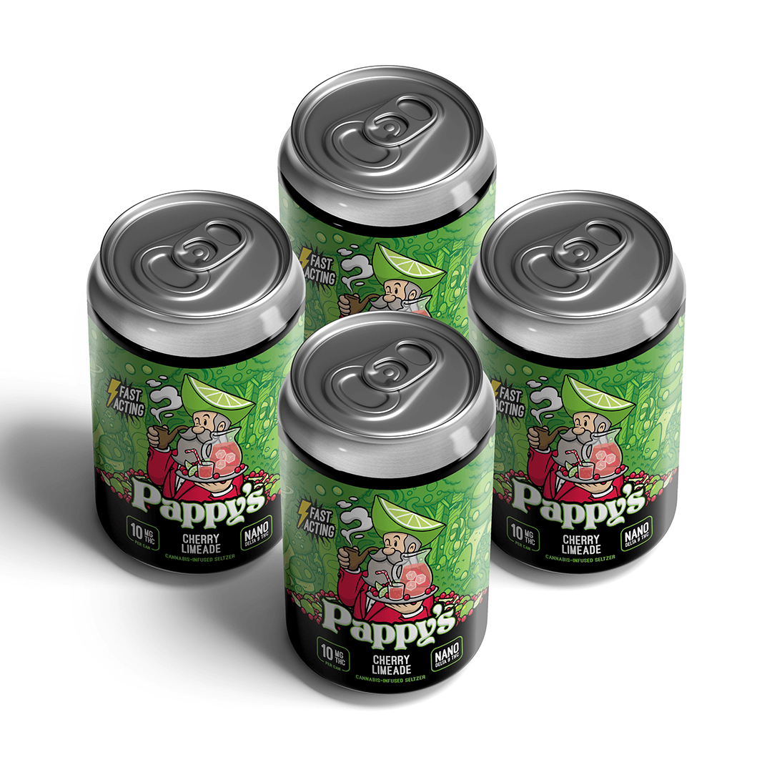 Four green cans of Pappy's Cherry Limeade Seltzer on a white background