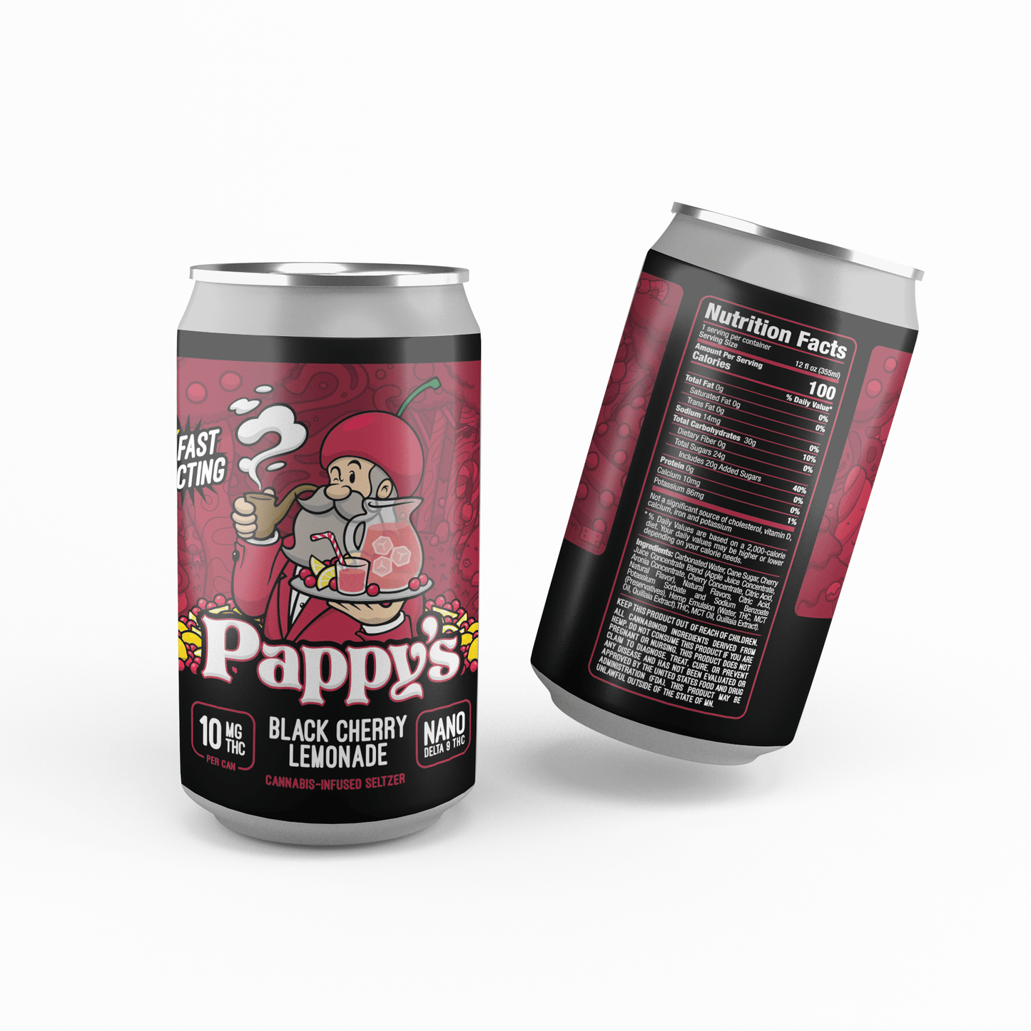 2 cans of Pappy's Black Cherry Lemonade Seltzer on white background