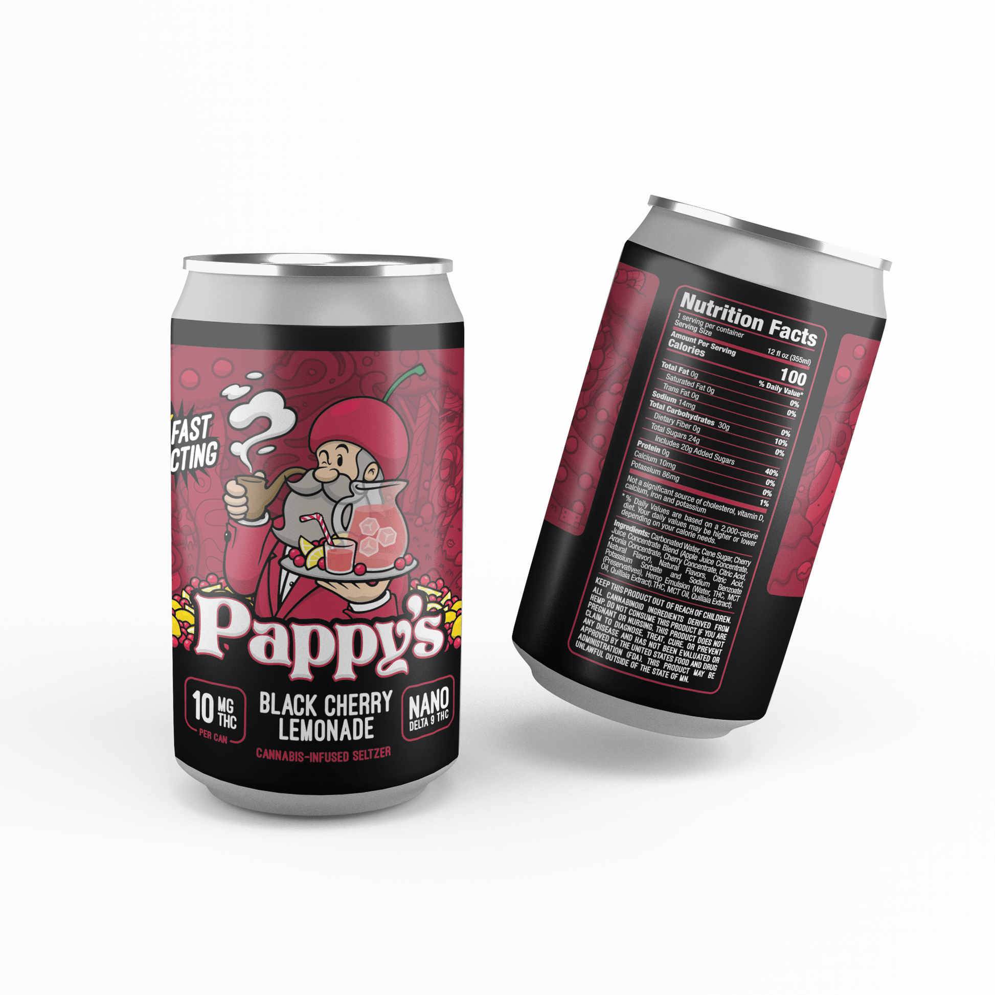2 cans of Pappy's Black Cherry Lemonade Seltzer on white background