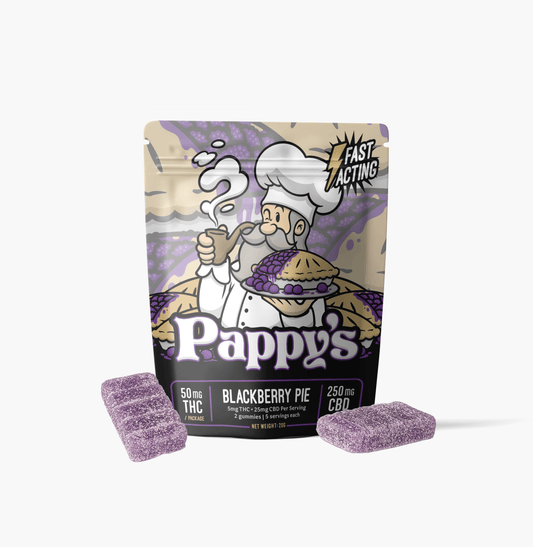 Pappy’s Blackberry Pie THC gummy bag with purple gummies displayed in front